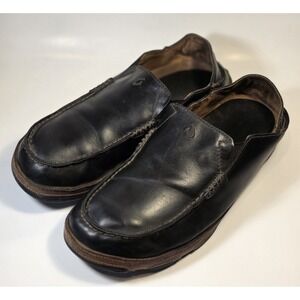OLUKAI Moloa Men's 10.5 Black Leather Slip On Casual Slippers Loafers Slides